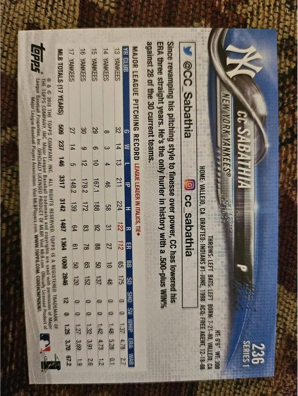 CC Sabathia - New York Yankees - 2018 Topps #236 - RAW Mint